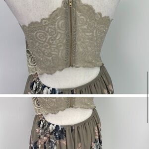 UEC Windsor floral high low hemline dress small green flowers cut out lace lined